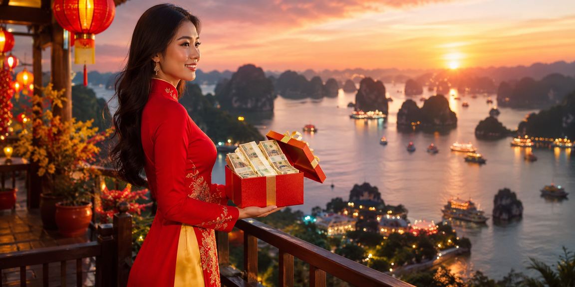 Người mặc áo dài trên du thuyền vịnh Hạ Long sử dụng ứng dụng casino và đặt cược trực tuyến